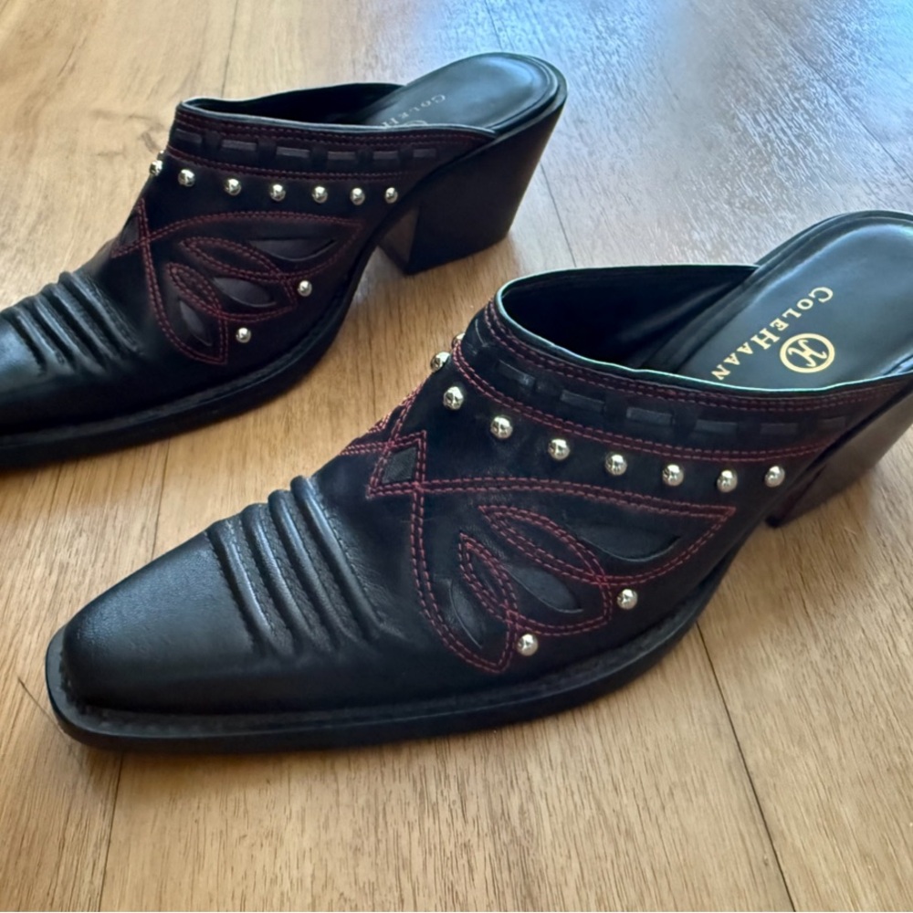 Cole Haan Black Mules with Red and Silver Details